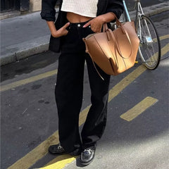 Amercian Retro White High Waist Straight Wide Leg Jeans Women Loose Denim Pants Floor Length Trousers blue black 4 colors