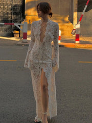 Lace Hollow Out Women's Dresses Sexy Deep V Split Long Dresses Lace up Long Sleeve Maxi Dress Elegant Beach Party Ladies Dress