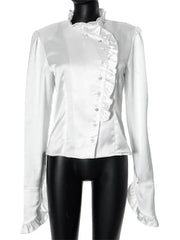 TAIVIMART - White Ruffled Vintage Shirts For Women Patchwork V-Neck Long Sleeve Autumn Elegant Streetwear Female Cardigan Blouses