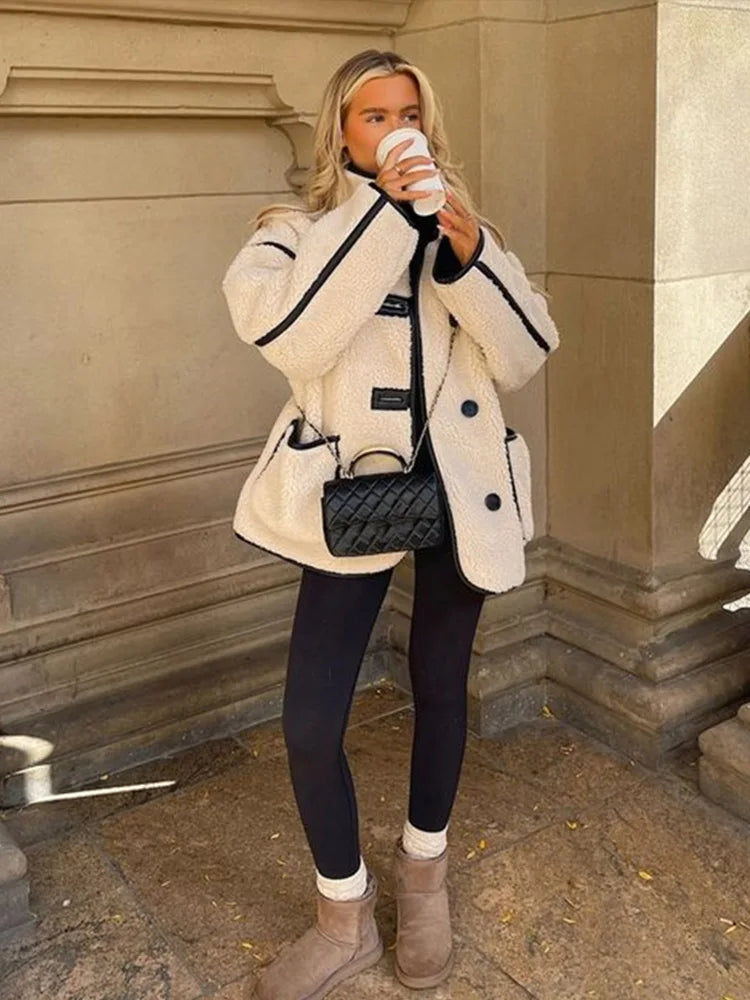 Plush Stand Collar Jackets Coat Women Vintage Lambwool White Single-Breasted Pockets Jacket Female Autumn High Street Outwear