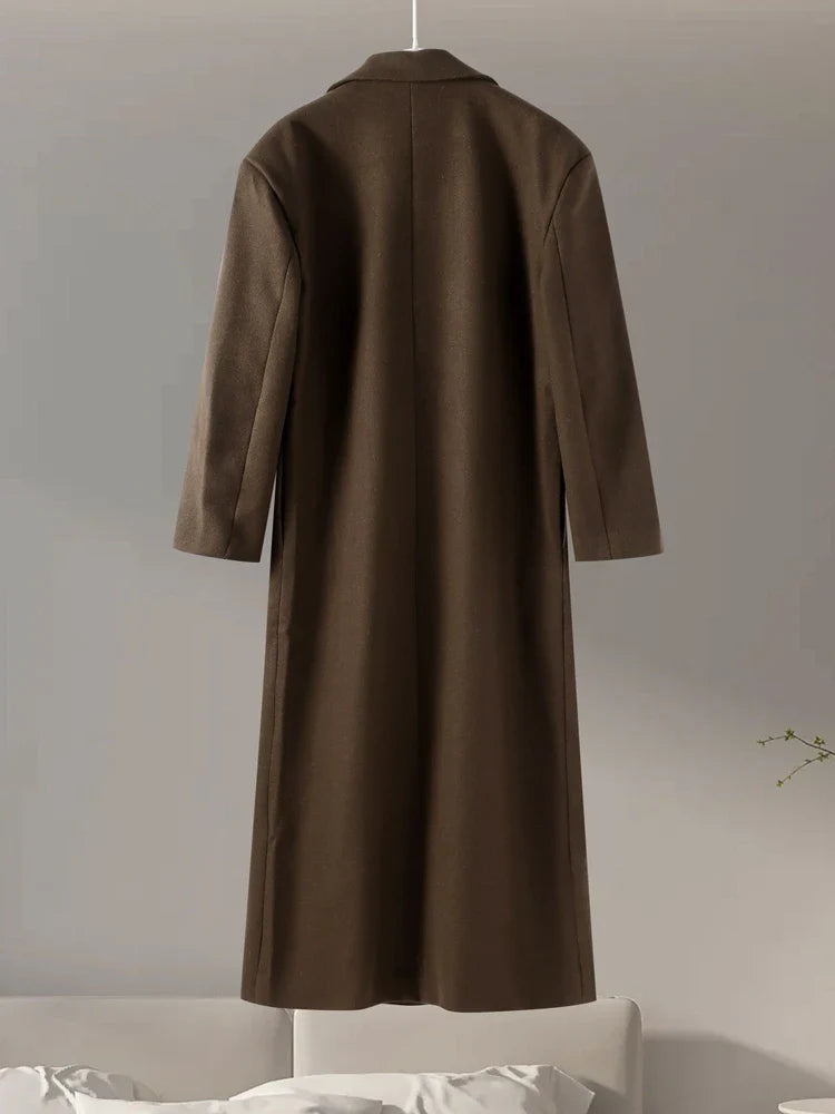Casual Brown Wool Long Coats for Women Loose Turn Down Collar Double Breasted Female Overcoat Autumn Winter Street Lady Outwear