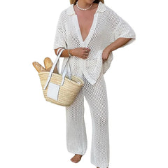 Fashion Sets for Women Streetwear Vintage Short Sleeve 2 Piece Set Solid Hollow Out Button Beach 2024 New Spring Summer Sets