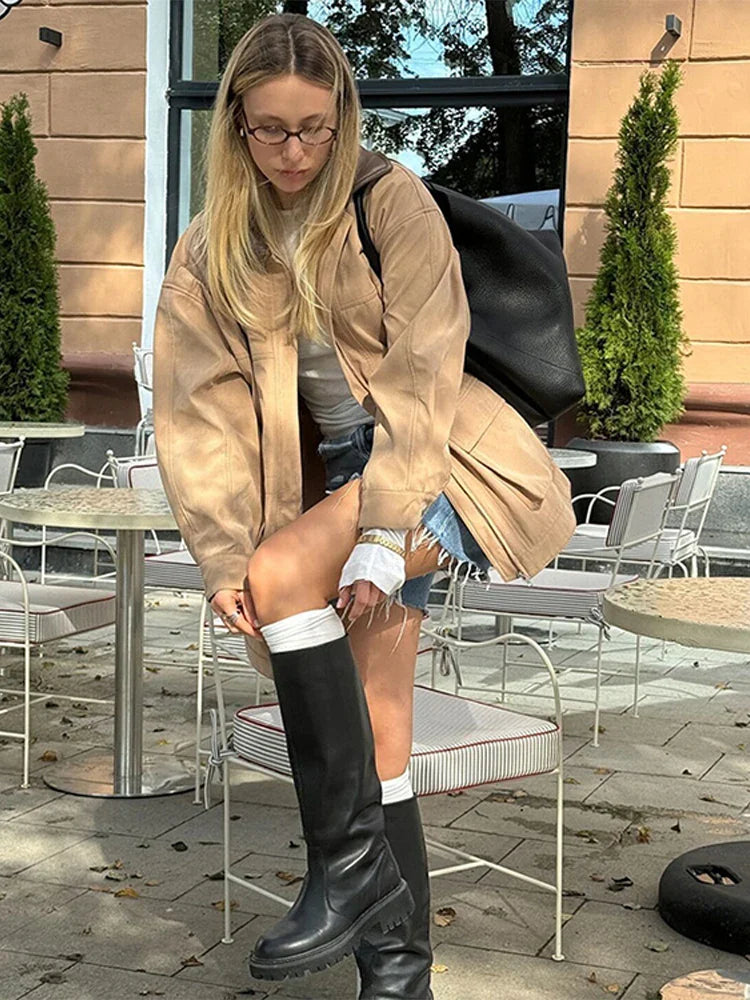 Casual Leather Lapel Jackets Women Vintage Khaki Zipper Pockets Jacket Coat Female Autumn Winter Chic High Street Outwear