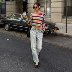 Striped Off Shoulder Pullovers Women Fashion Long Sleeves Contrast Color Tops 2025 Autumn Casual Party Lady New Streetwear