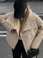 TAVIMART - Vintage Large Lapel Collar Short Coats Women Retro Casual Double-Breasted Pocket Coat Female Autumn Chic Loose Street Outwear