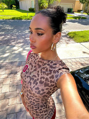 Summer Leopard Print Patchwork 2 Piece Tracksuit Vacation Casual For Women 2024 Short Sleeve Bodycon Crop Tops Shorts Set