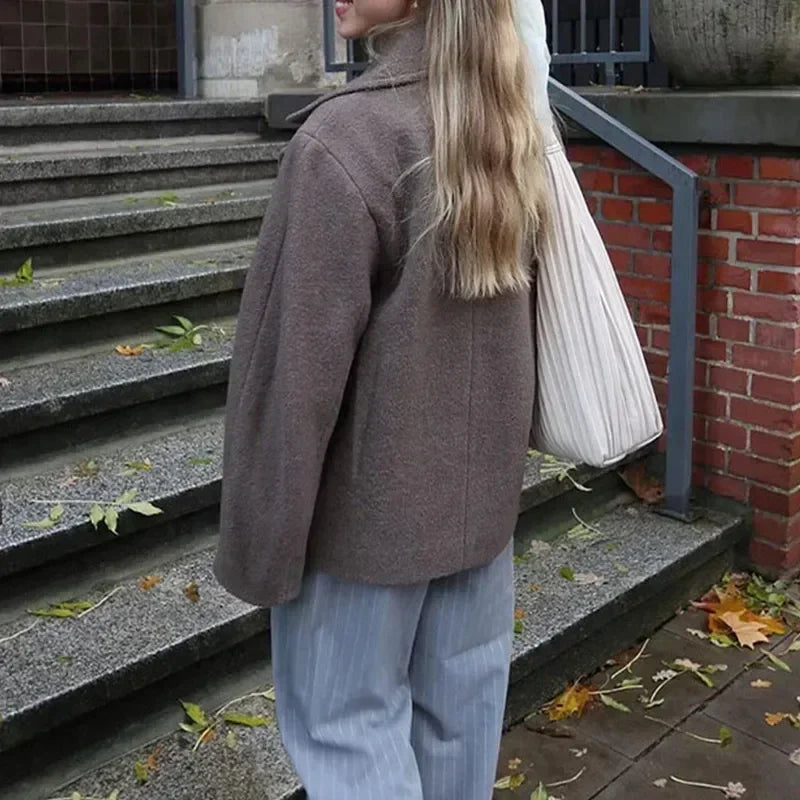 Autumn Winter Solid Double Breasted Wool Coat Fashion Lapel Long Sleeves Short Blazer Jacket Female Warm Chic Outerwear New