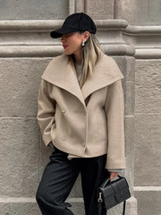 TAVIMART - Vintage Large Lapel Collar Short Coats Women Retro Casual Double-Breasted Pocket Coat Female Autumn Chic Loose Street Outwear