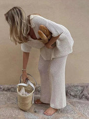 Fashion Sets for Women Streetwear Vintage Short Sleeve 2 Piece Set Solid Hollow Out Button Beach 2024 New Spring Summer Sets