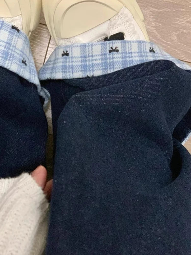 Y2k Embroidery Baggy Jeans Women Vintage Plaid Patchwork Denim Trousers Harajuku Korean Sweet Oversized Jeans Cutecore