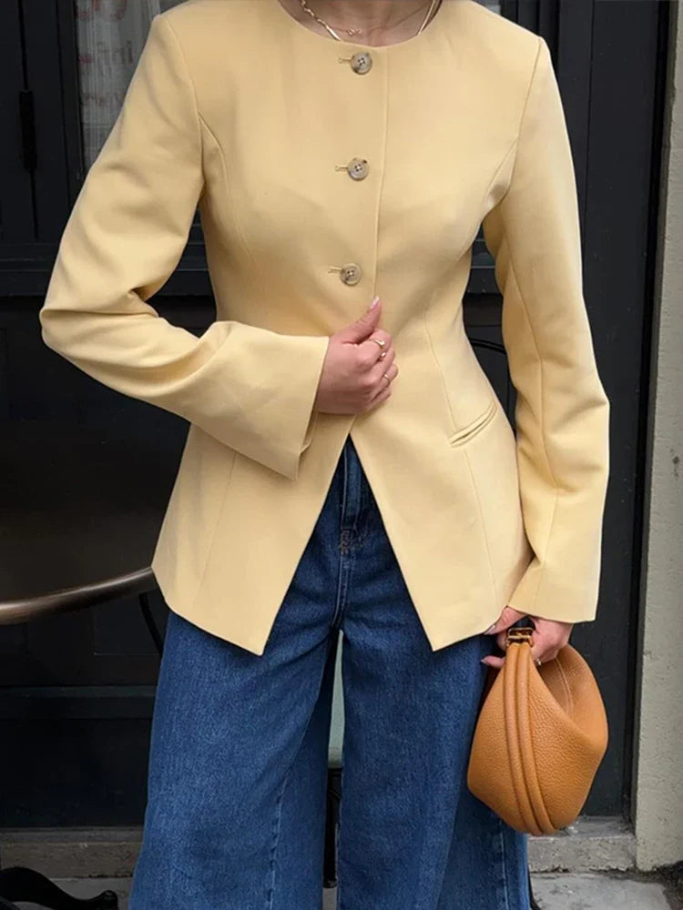 Fashion Solid Office Coats Women Casual O Neck Long Sleeve Pockets Single Breasted Female Jackets 2024 Autumn Elegant Lady Tops