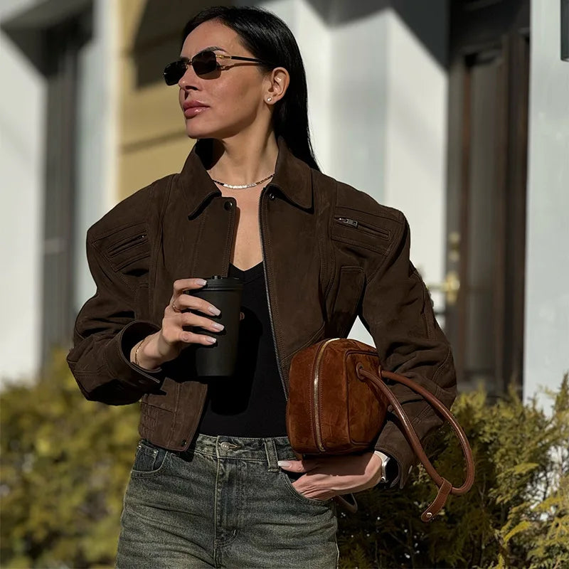 Elegant Camel Cropped Suede Jacket Women Lapel Full Sleeve Pocket Zipper Short Coat New Causal Autumn Lady Daily Streetwear 2025