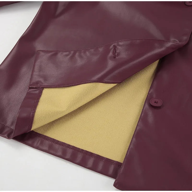 Burgundy Faux Leather Jackets Women Moto Biker Lapel Zipper Long Sleeve Female Coats 2025 Spring Casual Lady Street Outwear