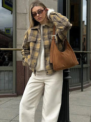 New Plaid Contrast Jacket Women Autumn Winter Single Breasted Long Sleeve Outerwear Female Streetwear Vintage Fashion Coat