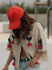 Cherry Decor Knitted Cardigan Women Autumn New Single Breasted O Neck Sweater Female Casual Fashion Half Sleeve Sweaters 2024