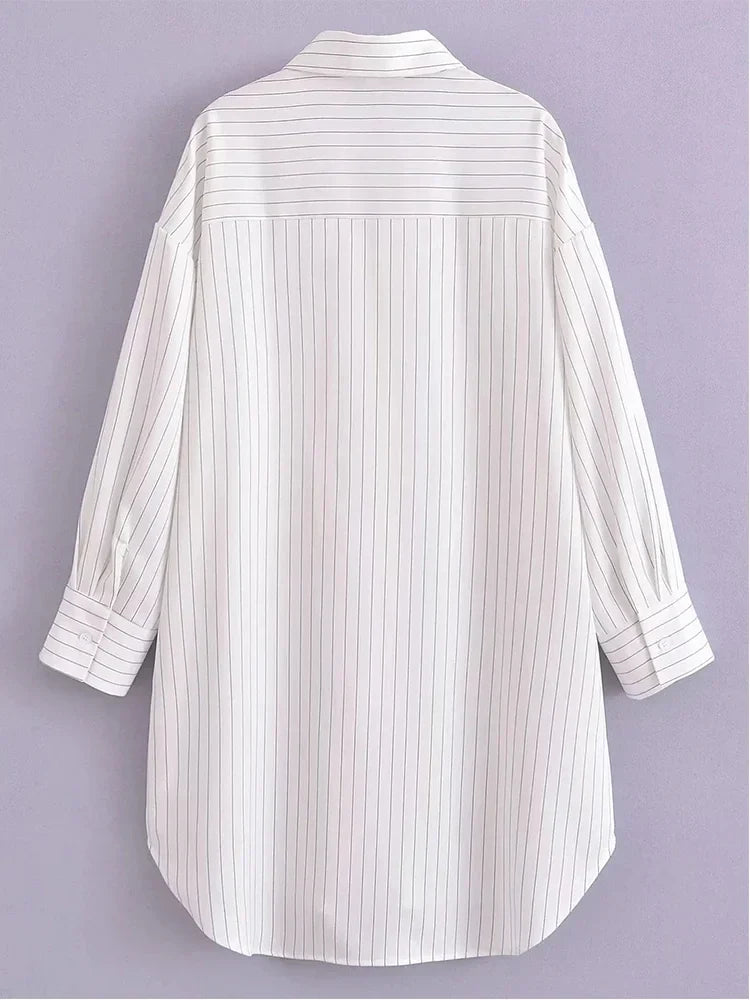 White Stripe Shirt Dress Women Autumn Spring Slit Casual Oversize Single Breasted Turn Down Collar Short Summer Dress