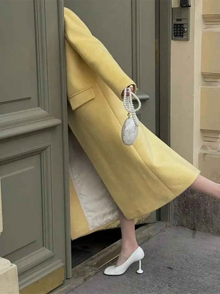 Women Yellow One Button Woolen Overcoat Chic Warm Loose Lapel Full Sleeve Long Coats 2024 Autumn Winter Lady Commute Outerwear