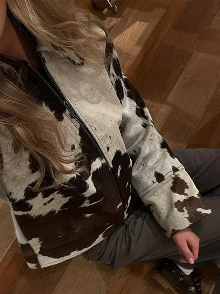 Chic Patchwork Printed Women 's Jackets Vintage Laple Zipper Full Sleeve Short Jacket Lady 2025 Autumn Fashion Female Streetwear