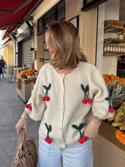 Cherry Decor Knitted Cardigan Women Autumn New Single Breasted O Neck Sweater Female Casual Fashion Half Sleeve Sweaters 2024