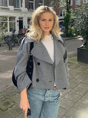 Elegant Single Breasted Woolen Women Coat Loose Lapel Long Sleeve Female Short Jacket Autumn Winter New Grey Lady Outwear