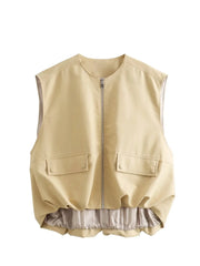 Padded Beige Waistcoat Folds Winter Sleeveless Vest Coat Turtleneck Pockets Zipper Autumn Thick Warm Parka Jacket