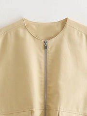 Padded Beige Waistcoat Folds Winter Sleeveless Vest Coat Turtleneck Pockets Zipper Autumn Thick Warm Parka Jacket