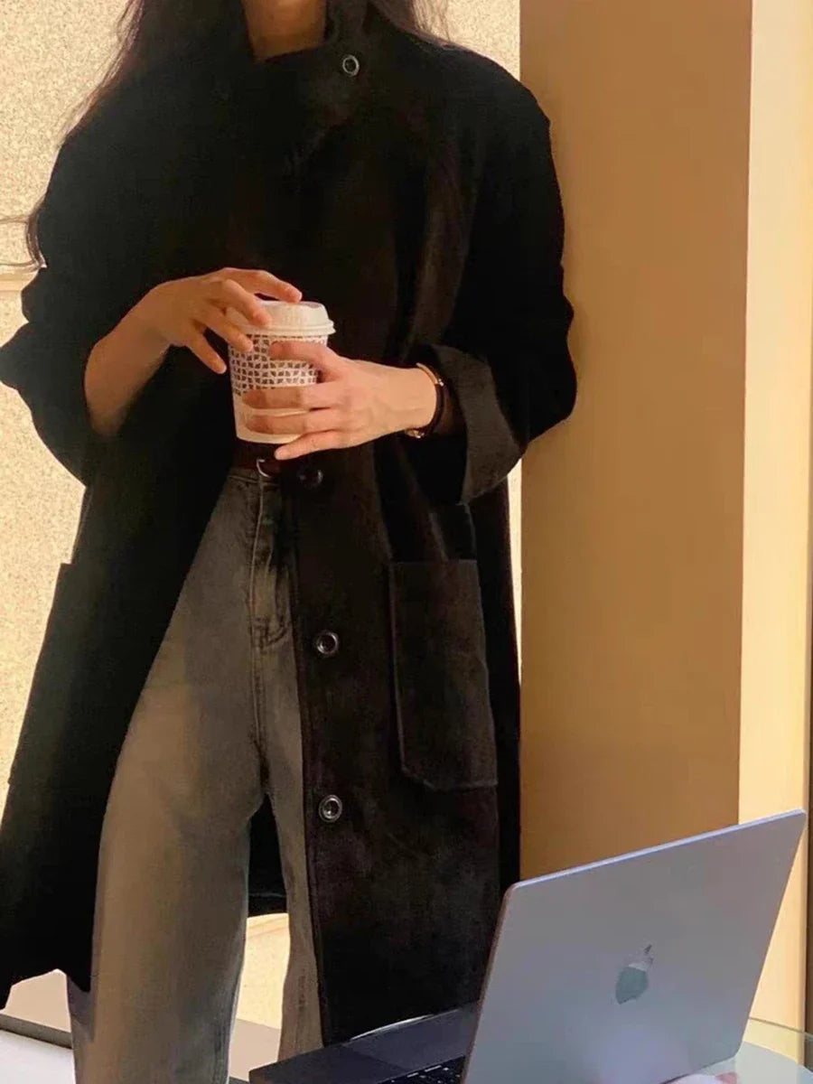 Solid Color Corduroy Trench Coat Women Autumn Winter Single Breasted Stand Collar Long Outerwear Vintage Fashion Jacket