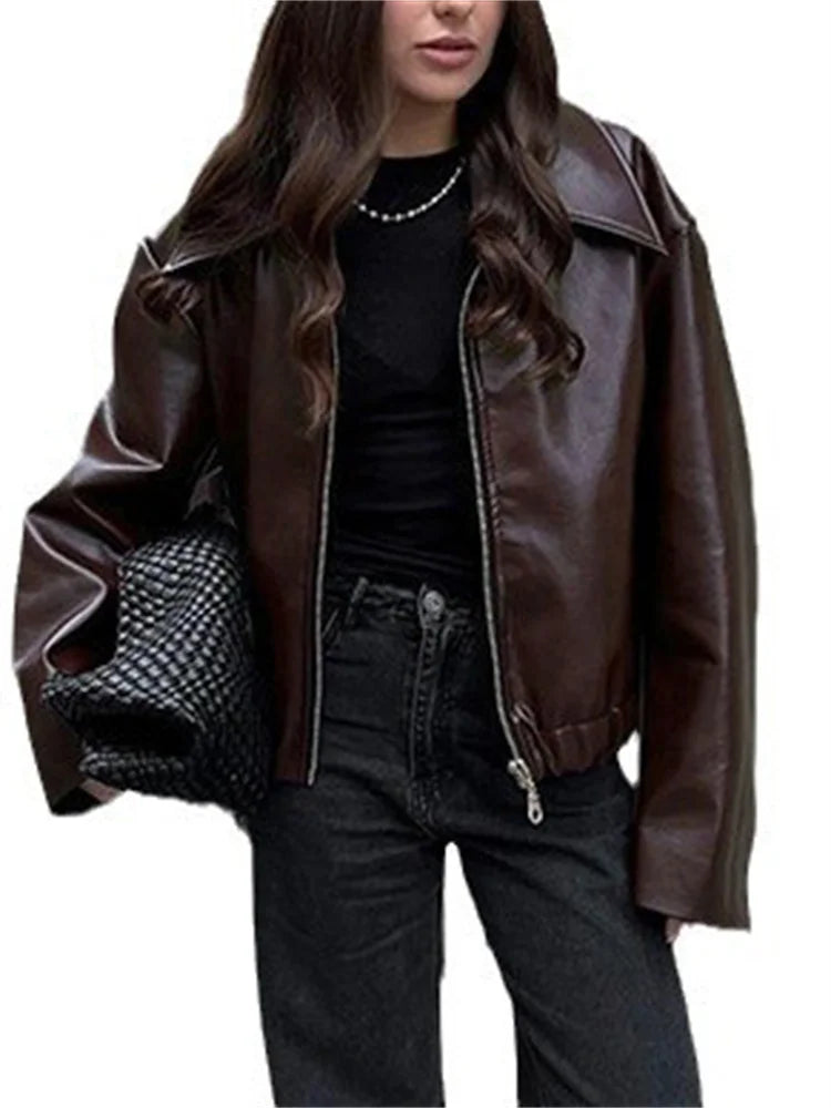 High Street Loose Female PU Coat Casual Zipper Slim High Waist Long Sleeve Patchwork Fashion Clothes Women Autumn Outwear