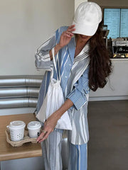 Stripe Loose Women Top Set Wide Leg High Waist Lady Pants Sets 2025 Fashion Contrasted Long Sleeve Turn-Down Collar Female Suit