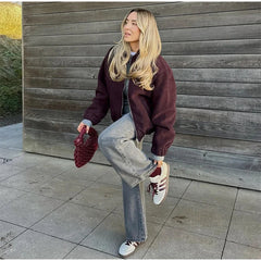 Casual Zipper Long Sleeve O-neck Coat for Women Spring New Solid Loose Female Jacket Vintage Ladies Outwear Top High Street
