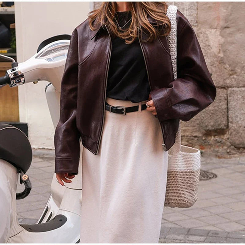 PU Leather Women Jackets Coats Casual Turn Down Collar Long Sleeve Zipper Female Motorcycle Top Coat Autumn Vintage Outwear