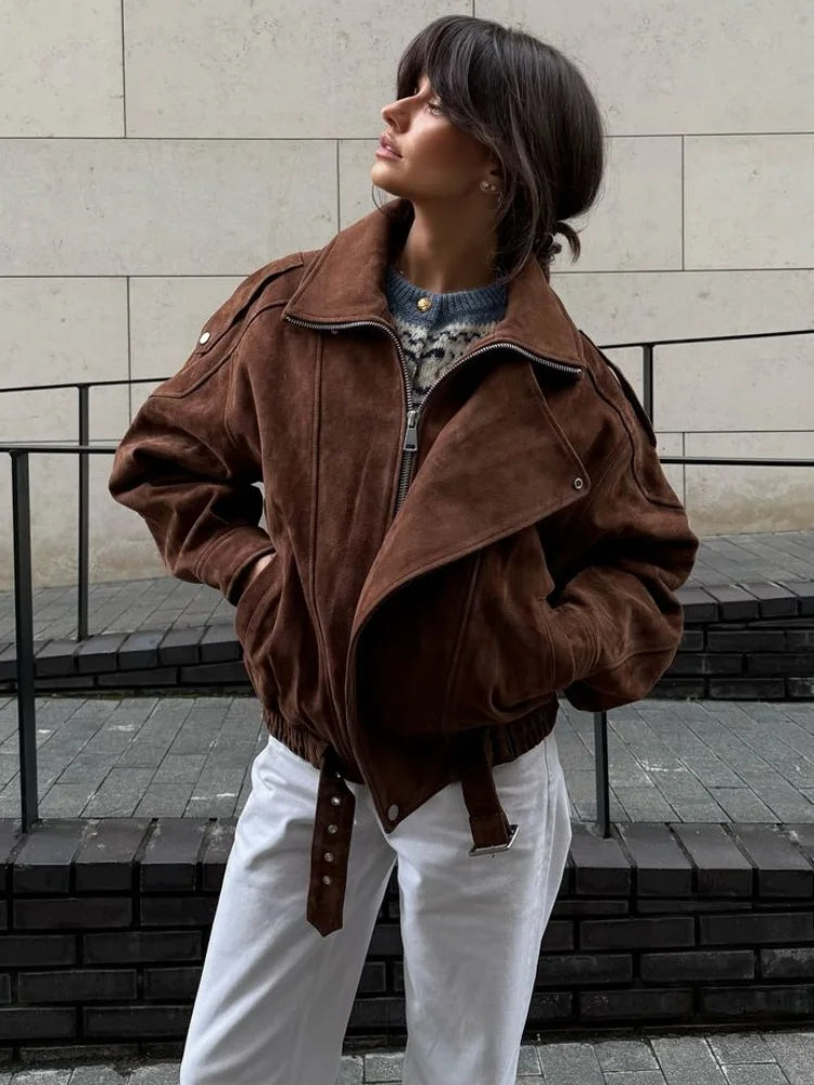 Fashion Brown Maillard Lapel Suede Leather Jackets For Women Casual Long Sleeve Zipper Pockets Coats Lady High Streetwear