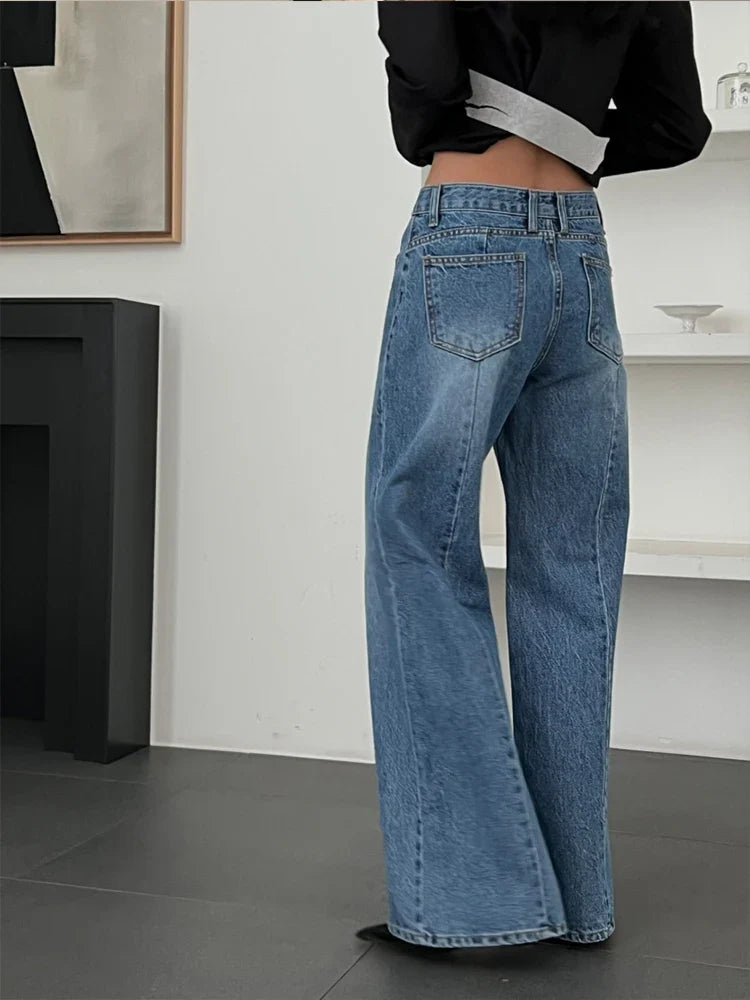 Women Fashion High Waist Loose Pockets Jeans Casual Vintage Blue Wide Leg Pants Y2k Streetwear New Autumn Winter Jeans