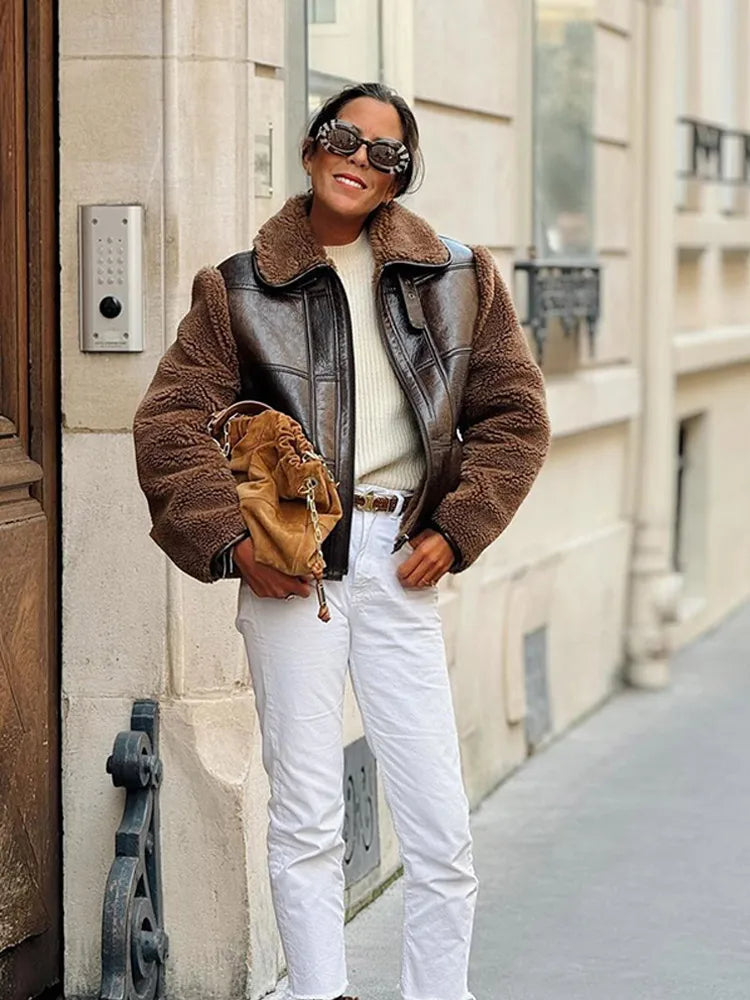 Vintage Zipper Patchwork Lamb Wool Leather Coats For Women Fashion Oversized Lapel Warm Jackets Lady High Street Outerwears