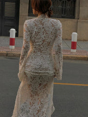 Lace Hollow Out Women's Dresses Sexy Deep V Split Long Dresses Lace up Long Sleeve Maxi Dress Elegant Beach Party Ladies Dress