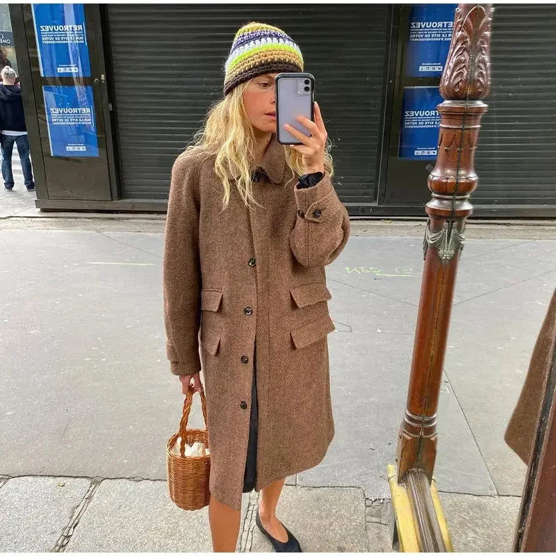 Brown Single Breasted Woolen Overcoat For Women Elegant Lapel Pockets Long Sleeve Jacket 2024 Autumn Casual Lady Commuting Coats