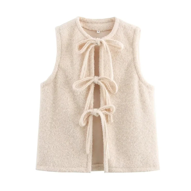 Bow Tied Vests Women Round Neck Short Casual Sleeveless Vest Jacket Woman Waistcoat Streetwear New Women Outerwear 2025 Spring