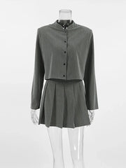 Women Striped Skirt Set Stand Collar Single Breasted Top High Waist Pleated Skirts 2024 Summer Fall New Fashion Lady Office Suit