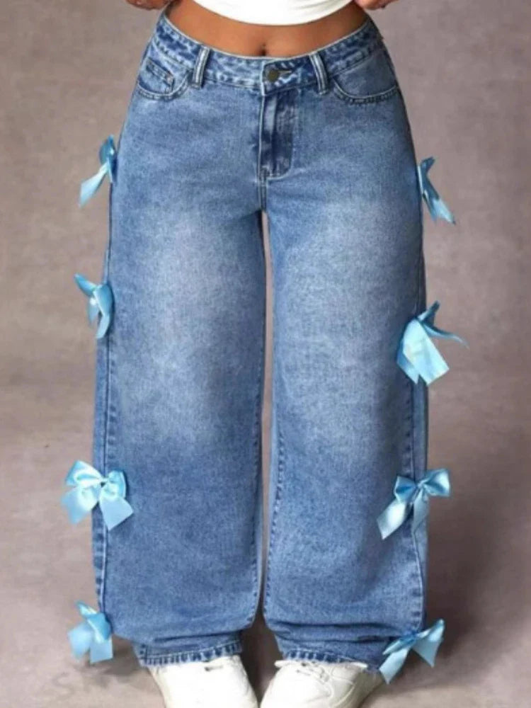 Women Casual Bowknot Decor Jeans Y2k Blue Baggy Denim Trousers Loose Straight Sweet Coquette Aesthetic Washed Jeans