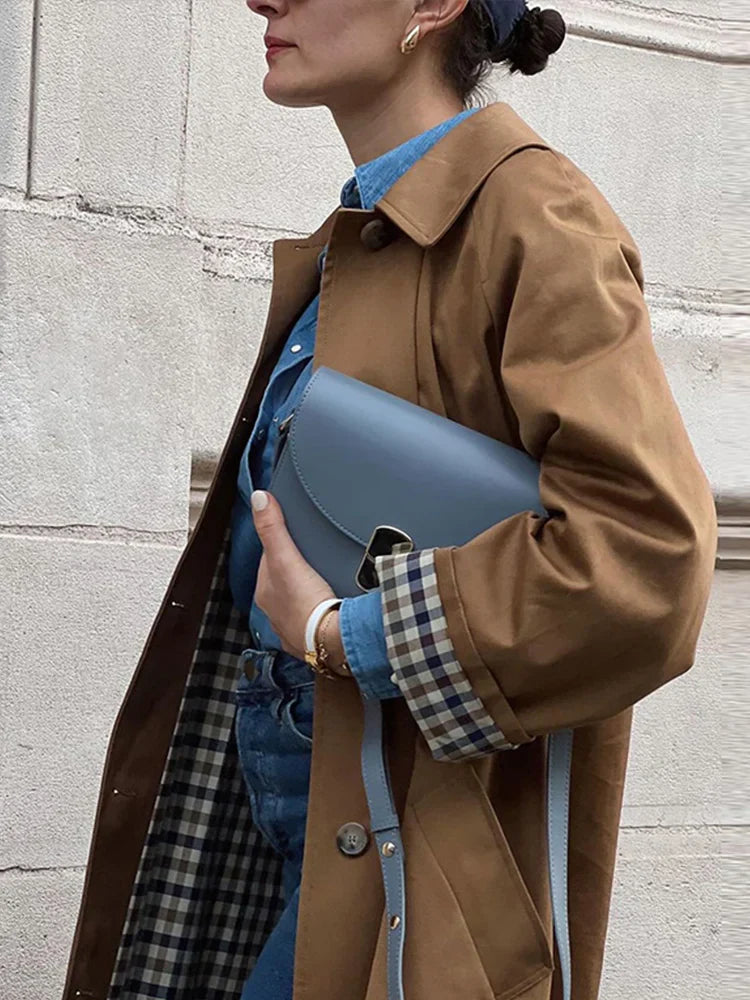 Woman Casual Long Trench Coats Khaki Plaid Lined Lapel Single Breasted Jacket With Pocket 2024 Autumn Chic Lady Commute Outwear