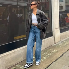 Amercian Retro White High Waist Straight Wide Leg Jeans Women Loose Denim Pants Floor Length Trousers blue black 4 colors