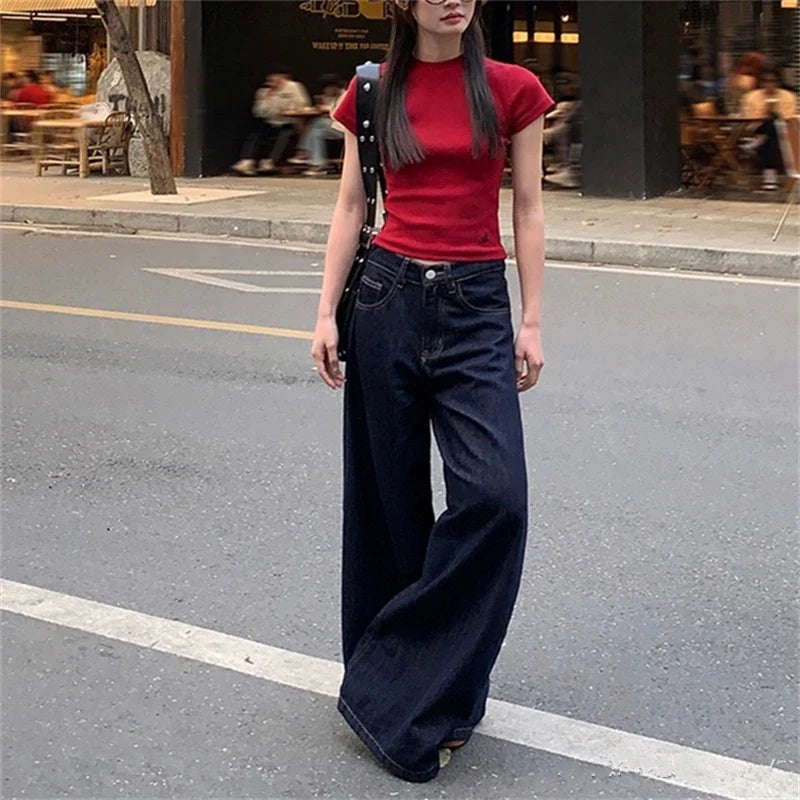 Women's Large Wide Leg Retro Dark Blue Jeans Cool Girl Street Fashion Bottoms Female High Waist Straight Loose Denim Trousers