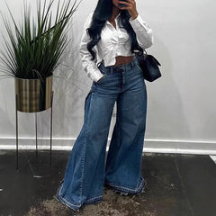Blue Washed Women Flared Jeans Harajuku Y2k Oversized Wide Leg Spliced Tassel Denim Pants Baggy American Retro Trousers