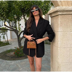 Women's Loose Waist Cinching Belt Full Sleeve Jacket Female Tailored Coat 2025 Chic Retro Elegant Lapel Suit Jackets Streetwear