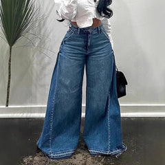 Blue Washed Women Flared Jeans Harajuku Y2k Oversized Wide Leg Spliced Tassel Denim Pants Baggy American Retro Trousers