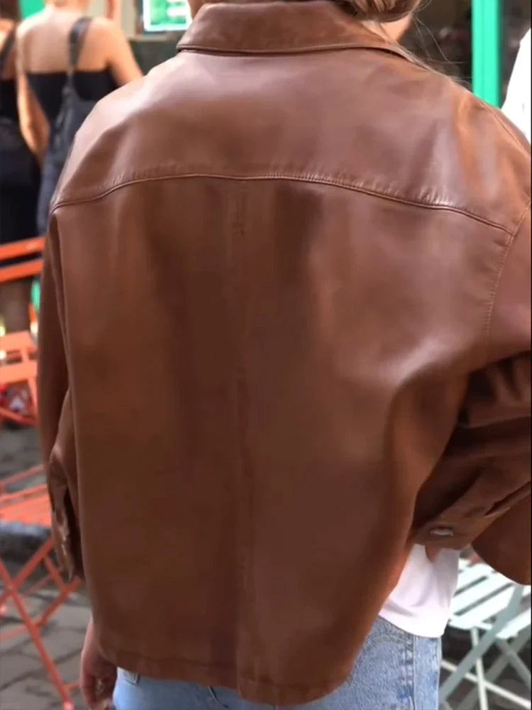 Casual Solid Women Leather Jackets Turn Down Collar Single Breasted Pockets Female Loose Coats Autumn New Chic Lady Outwear