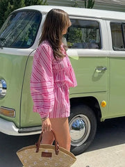 Fashion Sets for Women Vintage Casual Streetwear 2 Piece Set Striped Loose Lace Up Lantern Sleeve 2024 New Spring Summer Sets