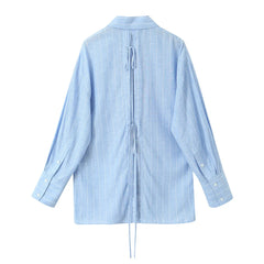 Summer Casual Striped 2 Piece Set 2024 New Long Sleeve Back Lace-up Shirt+Elastic Waist Shorts Sets Elegant Fashion Women's Suit