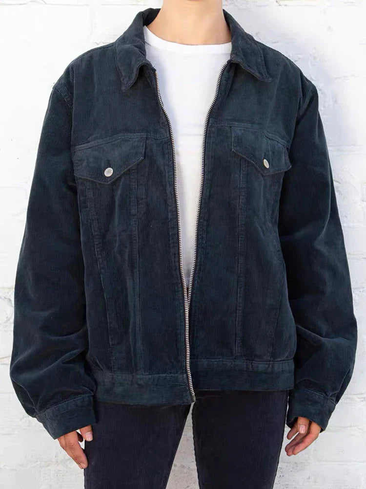 Vintage Loose Pockets Corduroy Jacket Women Autumn Cotton Thick Warm Lapel Zipper Coat Tops Streetwear Vintage Casual Outerwear