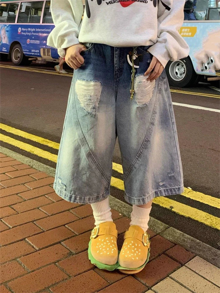 Women's Gradient Broken Hole Wide Leg Blue Denim Shorts Unisex Style Capris Summer Female High Waist Loose Knee Length Jeans